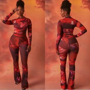 HIGH WAISTED FLARED MESH TROUSERS & BODYSUIT TOP